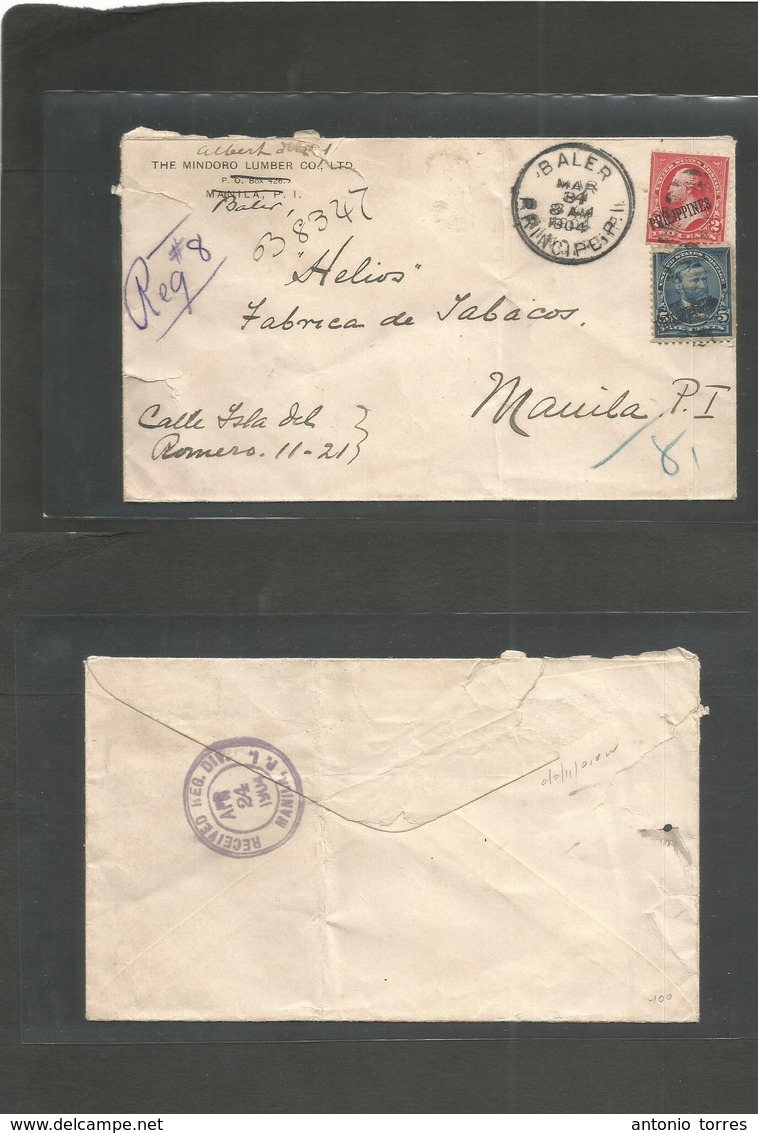 Philippines. 1904 (Mar 31) Baler, Principe - Manila (Apr 24) Mindoro Lumber Cº.  Ovptd U$ Issue. Local Registered Comerc - Philippines