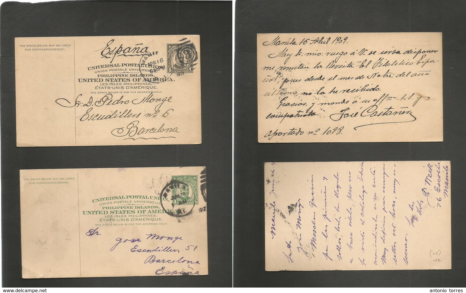 Philippines. 1909-17. Manila - Spain, Barcelona. 4c Black And 4c Green. Fine Used Pair Of Stationary Cards. Scarce Dest. - Philippines