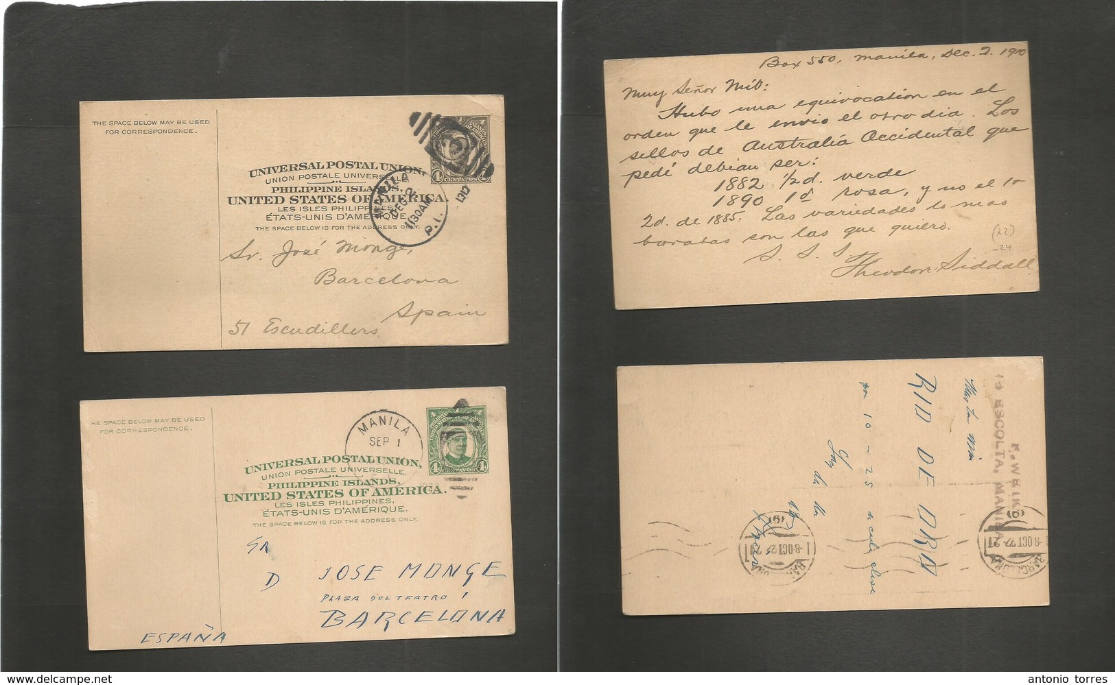 Philippines. 1910-25. Manila - Spain, Barcelona. 4c Black And 4c Green Two Stat Ceres. Fine Used To Spain Better Destina - Philippines