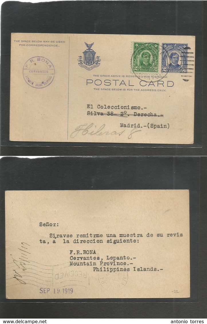 Philippines. 1919 (19 Sept) Cervantes, Lepanto, Mountain Province - Madrid, Spain 2c Blue Stat Card +  Adtl, Cds. Fine U - Philippines
