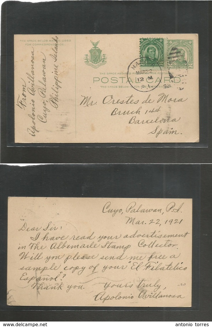 Philippines. 1921 (22 March) Cuyo, Palawan, Manila - Spain, Barcelona 2c Green Stat Card + Adtl Cds. Fine Used Scarce De - Philippines