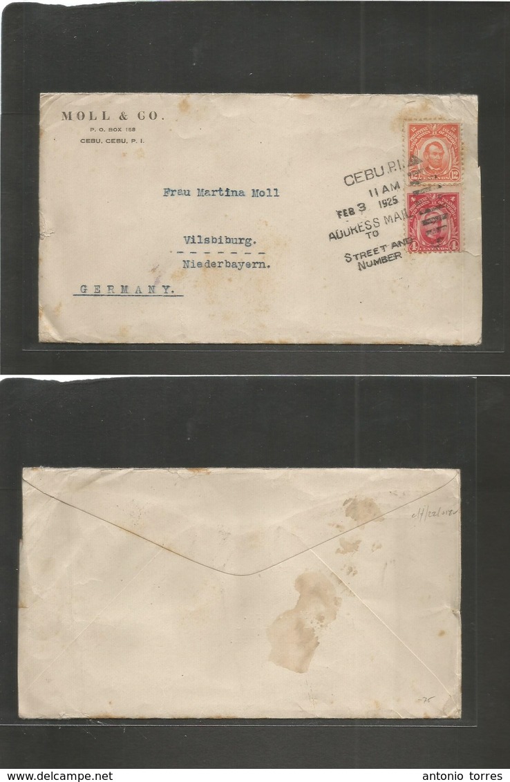 Philippines. 1925 (3 Febr) Cebu - Germany, Vilsbiburg. Multifkd Env Incl 12c Orange Lincoln Issue. Special Depart Cachet - Philippines