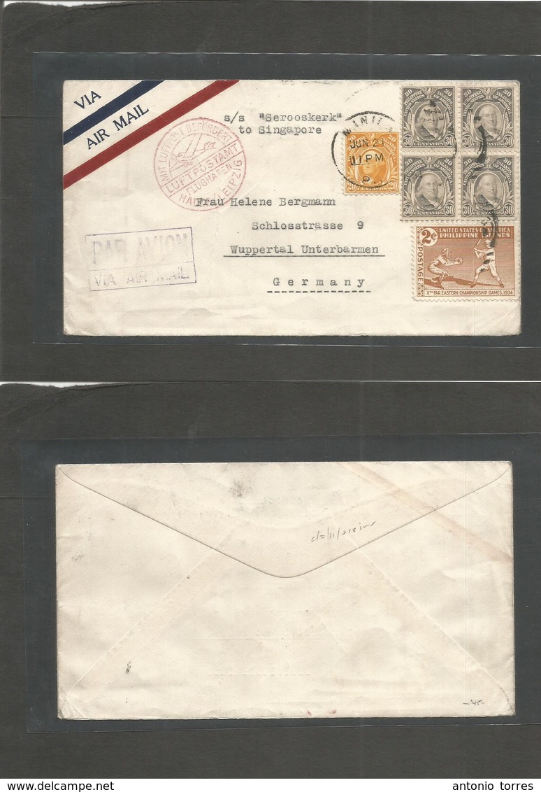 Philippines. 1934 (21 June) Manila - Germany, Wappental. Air Multifkd Envelope. Via "Steamer Serooskerk" To Singapore Th - Filippine