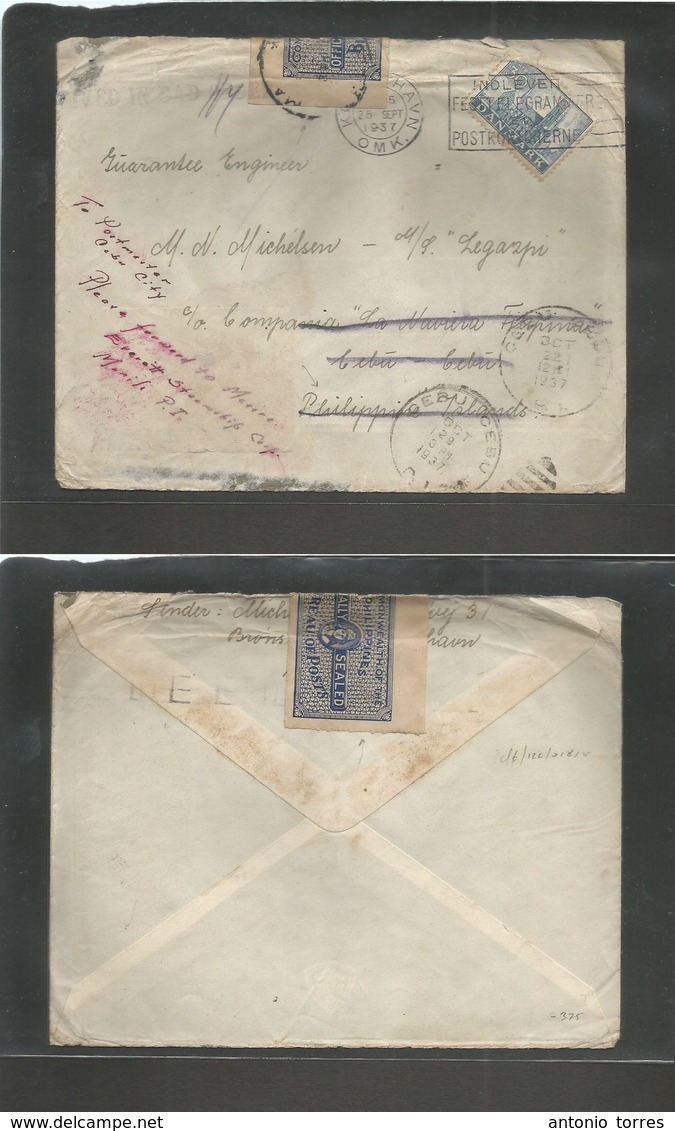 Philippines. 1937 (25 Sept) Denmark, Kph - Cebu (29 Oct) Fkd Env + Arrived Opened + Officially Sealed Blue Philippines T - Philippines
