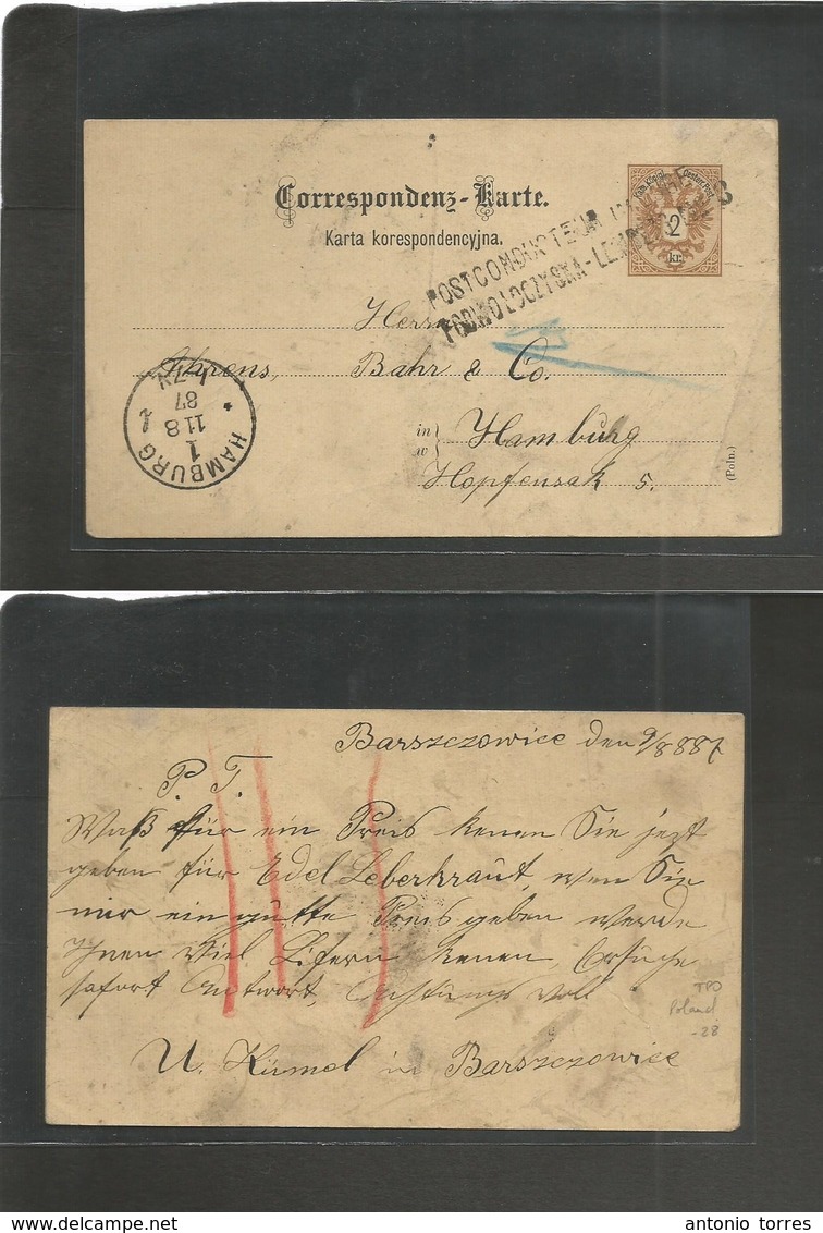 Poland. 1887 (9 Aug) Austrian Postal Admin. Barszczowice - Germany, Hamburg (11 Aug) 2 Kr Brown Stat Card. TPO Stline Ca - Other & Unclassified