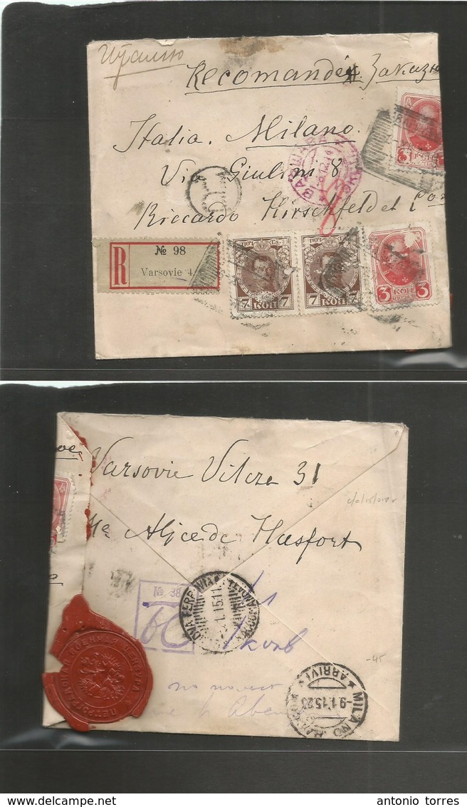 Poland. 1914 (8 Dec) Russia Postal Admin. Warsaw - Italy, Milano (9 Jan) Registered Tgar Issue Multifkd Envelope, Tied R - Autres & Non Classés