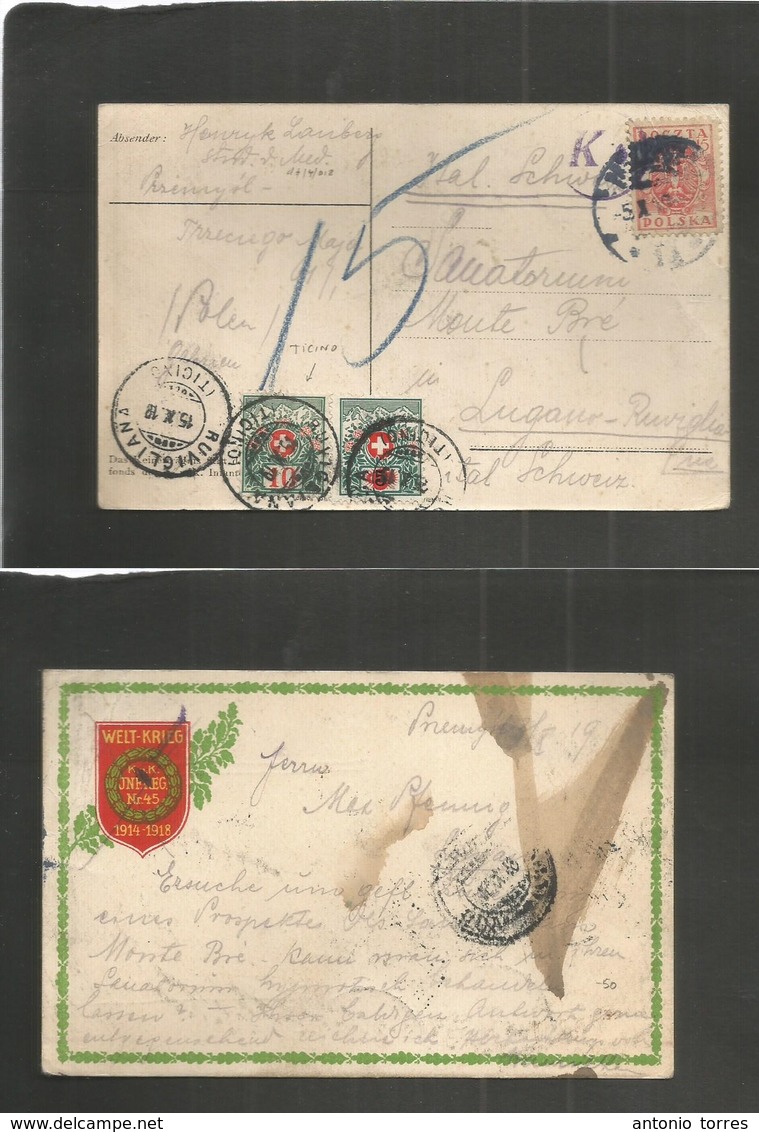Poland. 1919 (5 Oct) Przimyil - Switzerland, Lugano, Rvigliana (15 Oct) Tirino. Fkd Ppc + Taxed + Swiss P. Dues Tied VF  - Autres & Non Classés