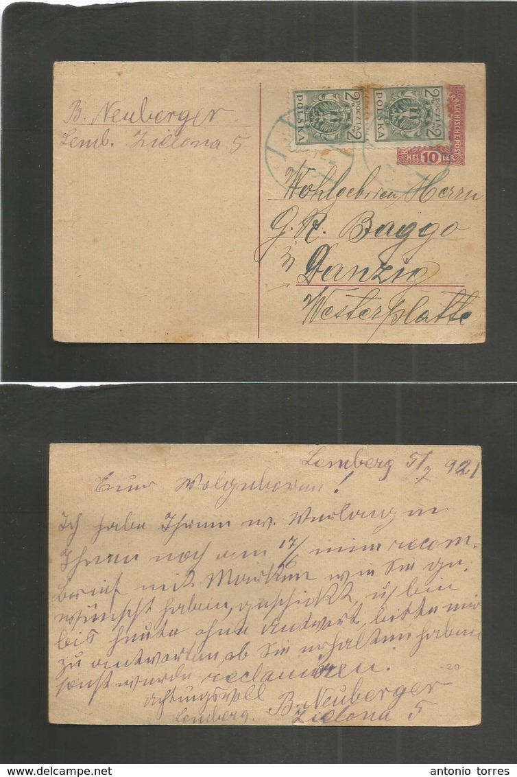 Poland. 1921 (5 July) Lemberg - Danzing, Westerplatte. 10h Red Austrian Stat Card + 2 Polish Stamps Blue Cds. Fine. - Autres & Non Classés