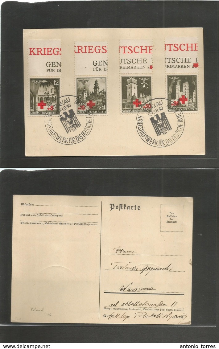 Poland. 1940 (13 Aug) Krakau Red Cross Usage Nazi Occup. Slogan Svastika Cachet. Used Card To Warsaw. - Autres & Non Classés