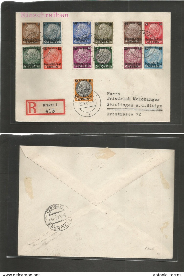 Poland. 1940 (26 April) German Osten Nazi Occup Issue. Registered Multifkd Env, Incl 3  Y Value. Krakau - Geislingen, Ge - Autres & Non Classés