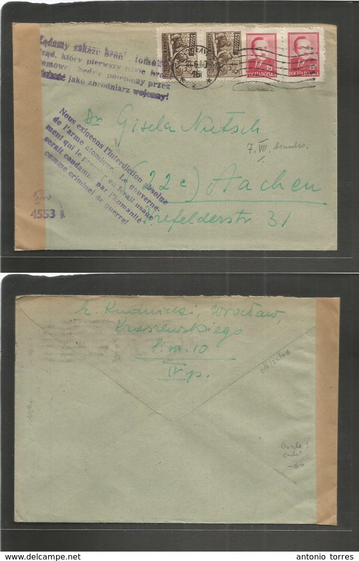 Poland. 1950 (10 June) Wrockaw - Germany, Hachen. Multifkd Env + Censored + Bilingual Doble Political Cachets. Atonic Wa - Sonstige & Ohne Zuordnung