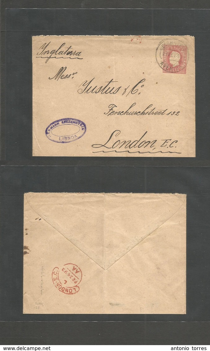 Portugal - Stationery. 1893 (21 Feb) Avenida, Lisboa - Londres (Feb 24) 50rs Rose Straight Label, Fita Direita On Fine C - Autres & Non Classés