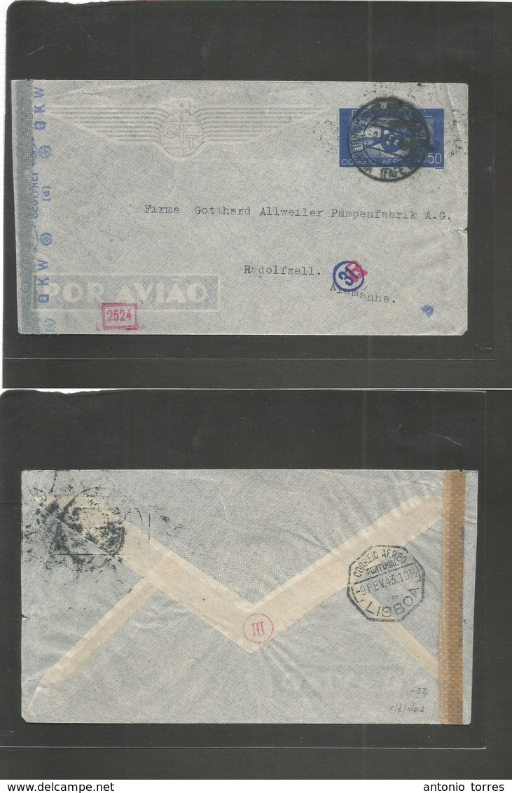 Portugal - Stationery. 1943 (8 Febr) TPO Fafe - Germany, Radolfzell. 0,50 Esc Blue Stat Envelope, Nazi Censor. Via Lisbo - Autres & Non Classés
