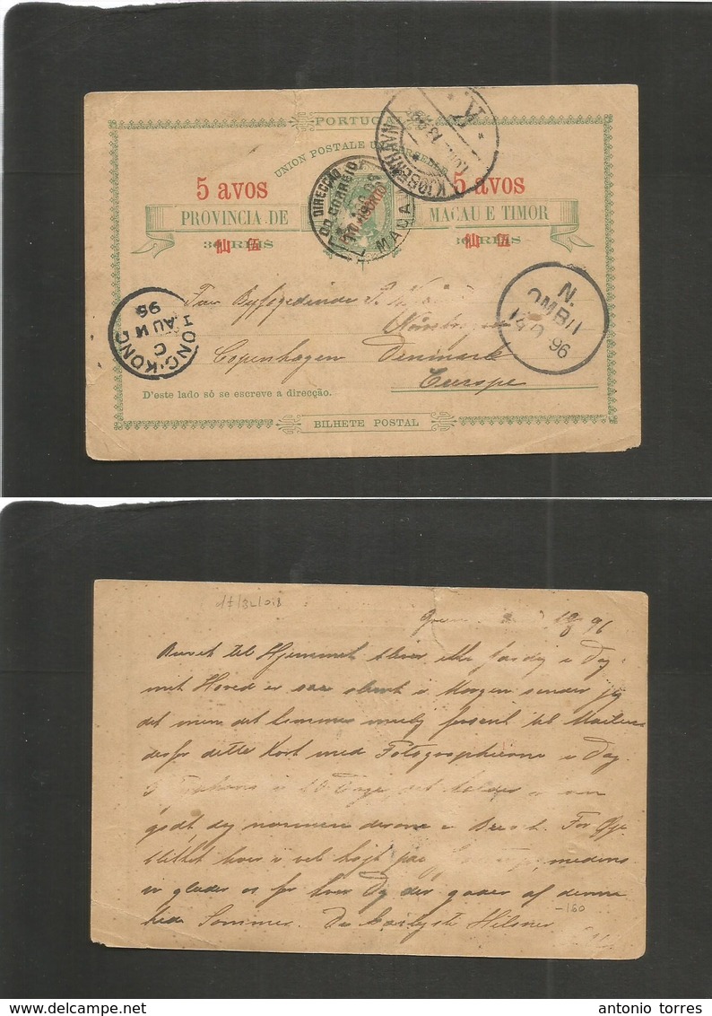 Macau. 1896 (11 Ago) GPO - Denmark, Copenhagen (10 Sept) 5 Avo / 30 Reis Green Early Overprinted Stationary Card, Depart - Autres & Non Classés