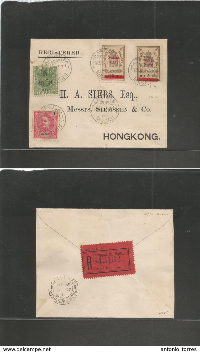 Macau. 1911 (30 Sept) GPO - Hong Kong (1 Oct) Late Crown Issue Ovptd Stamp + Adtl (x2) 1 Avo Fiscal Ovptd (one SHIFTED O - Autres & Non Classés