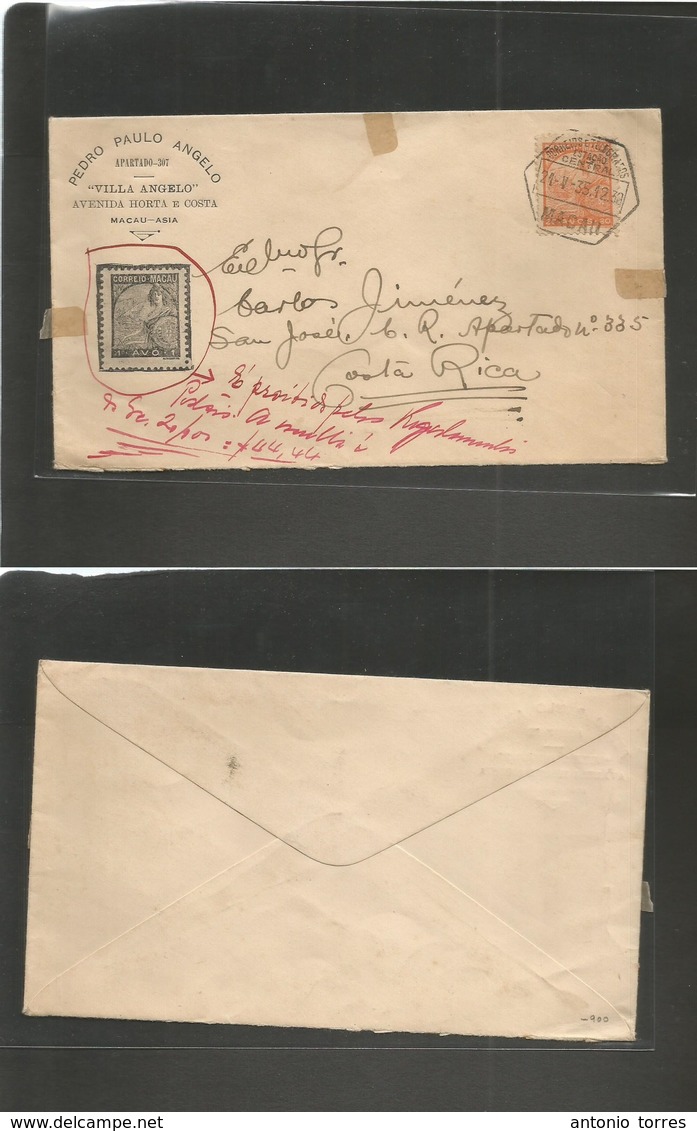 Macau. 1935 (21 May) GPO - Costa Rica. Fkd Envelope Being Held By Depart Local Post Office And Taxed At $44,44 For Repro - Sonstige & Ohne Zuordnung