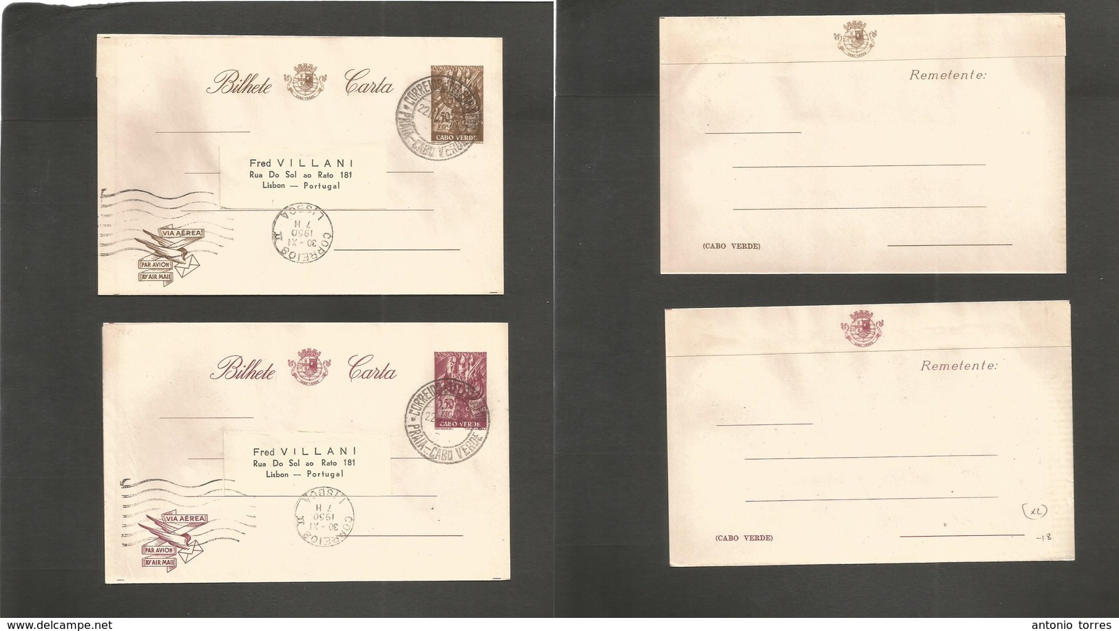 Portugal-Cabo Verde. 1950 (22 Nov) Praia - Portugal, Lisbon (30 Nov) 2,50 And 3,50 Escudos Stationery Air Lettersheets.  - Autres & Non Classés