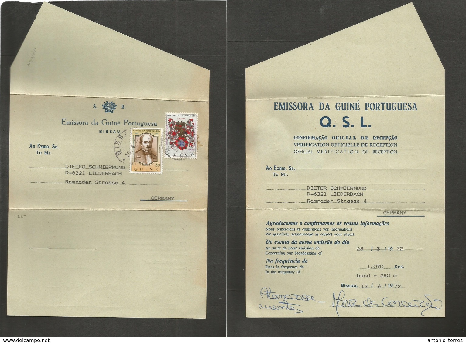 Portugal-Guinea. 1972 (12 April) Bissan - Germany, Liederbach. Radio Emisora Portuguesa. Fkd Formular, Unsealed / Comerc - Autres & Non Classés