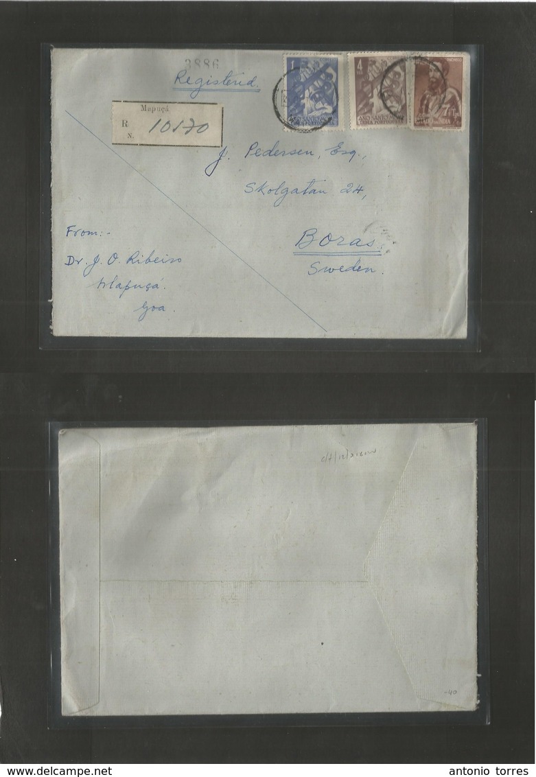 Portugal-India. 1955 (28 Oct) Mapuca - Sweden, Boras. Registered Multifkd Env + Cds + R-label. Fine Used + Destination.  - Andere & Zonder Classificatie