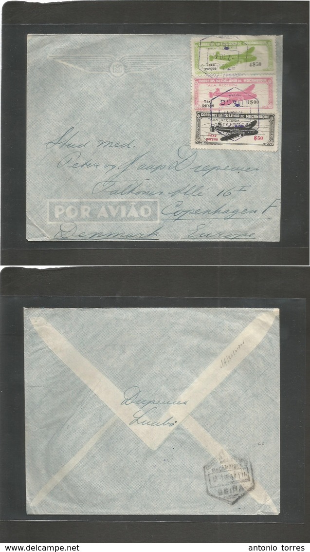 Portugal-Mozambique. 1947 (7 Oct) Luabo - Denmark, Cph. Air Multifkd Env With Tricolor Usage Of Air Tax Stamps At $6,00  - Autres & Non Classés