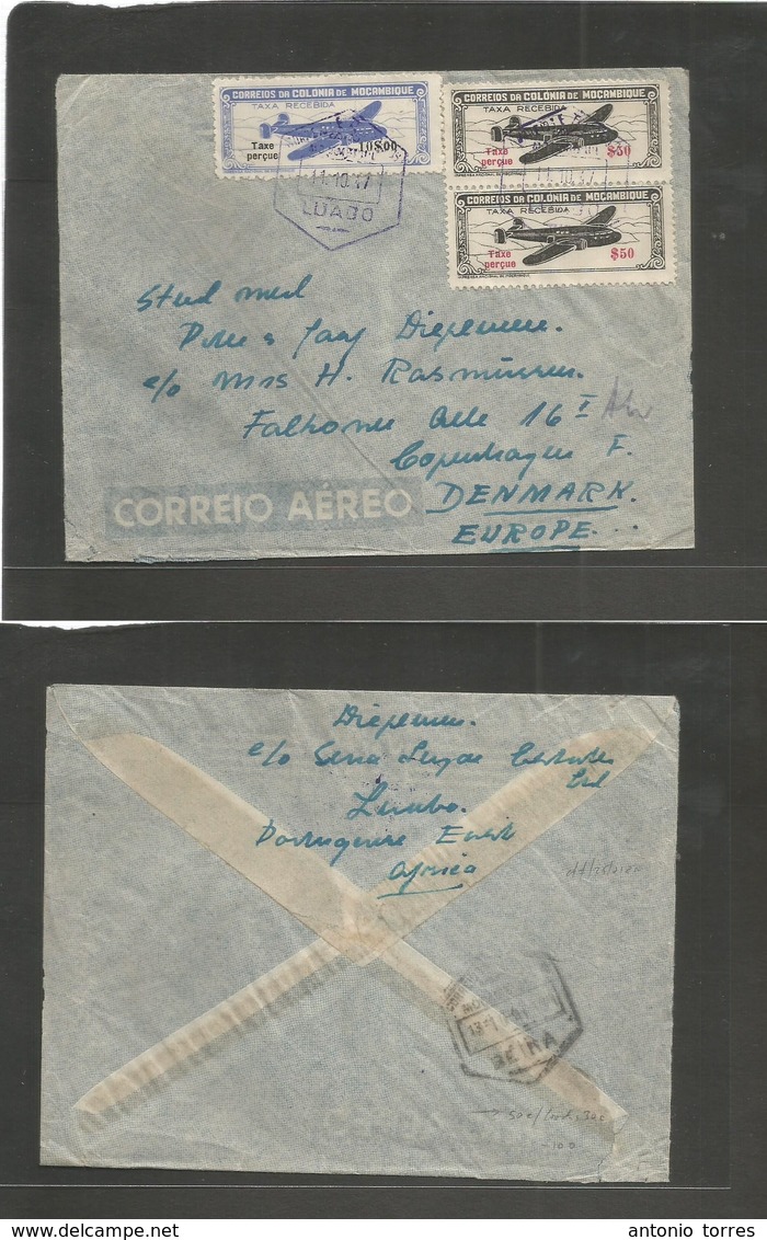 Portugal-Mozambique. 1947 (11 Oct) Luano - Denmark, Cph. Air Multifkd Envelope With Air Tax Labels At $11.00 Esc Rate. V - Autres & Non Classés