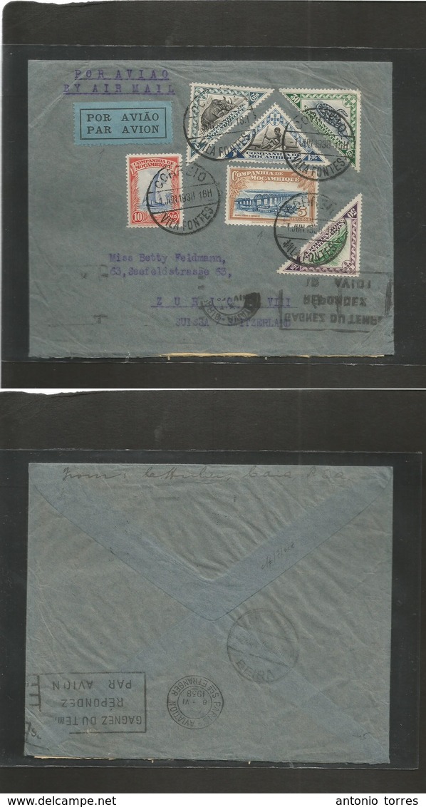 Portugal-Mozambique Company. 1938 (1 June) Vila Fontes - Switzerland, Zürich. Air Multifkd Envelope. Via Beira - Paris ( - Autres & Non Classés