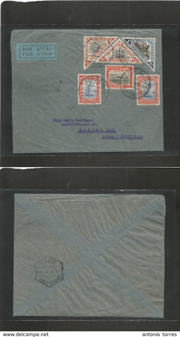 Portugal-Mozambique Company. 1938 (13 July) Vila Fontes - Switzerland, Zürich Via Beira. Air Multifkd Envelope Incl Tria - Autres & Non Classés