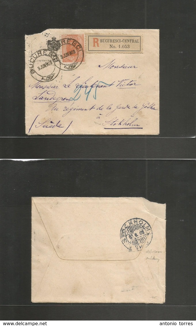 Romania. 1903 (3 June) Bucharest - Sweden, Stockholm (6 June) Registered Royal Military Fkd Envelope, 50c Orange, Cds +  - Autres & Non Classés