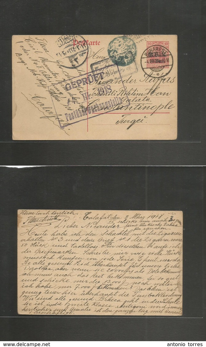 Romania. 1918 (2 March) German Postal Admin. Calafat - Turkey, Constantinople. 10 Bani Ovptd Germania Stat Card + Doble  - Autres & Non Classés