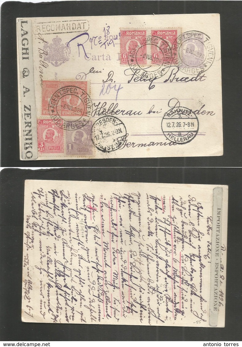 Romania. 1926 (8 July) Tigueni - Germany, Helleran (12 July) Registered 1 Len Lilac Stationary Card + Fine Adtl Stamps + - Autres & Non Classés