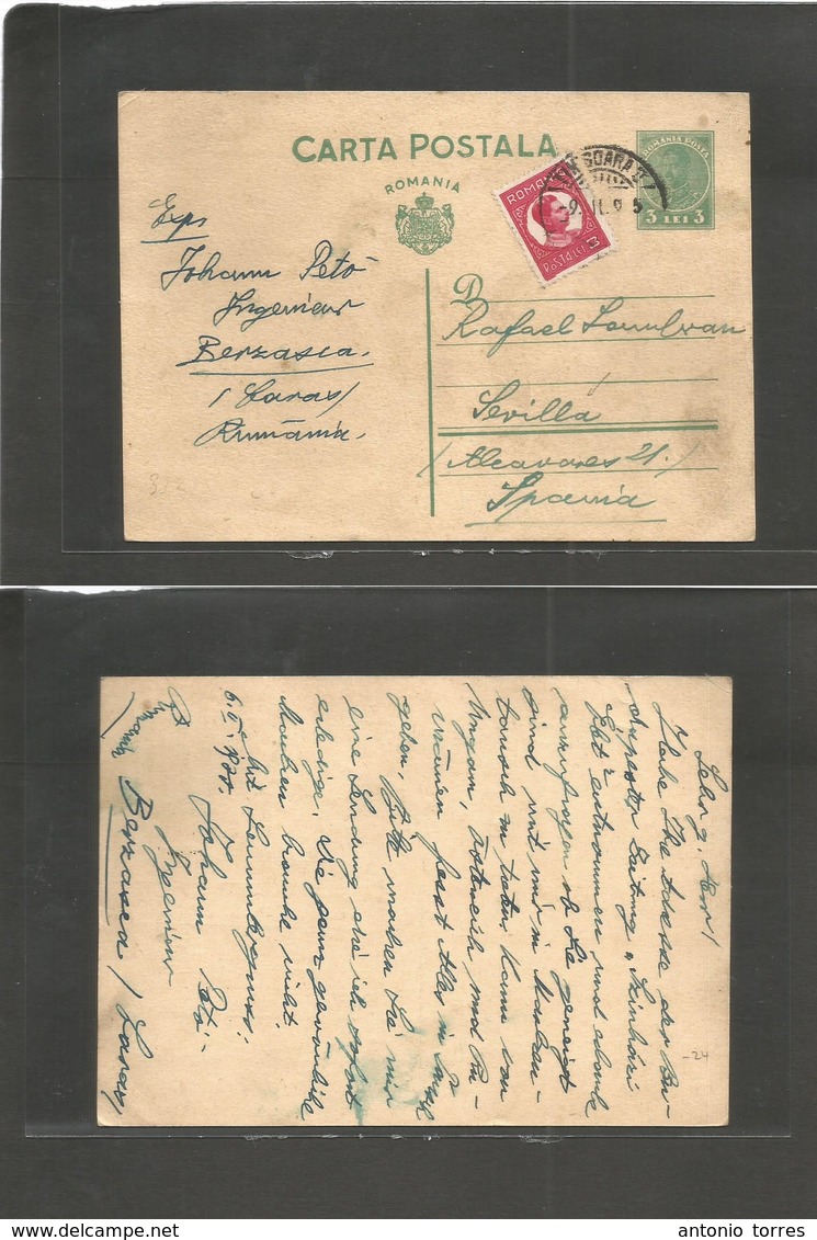 Romania. 1935 (6-9 Febr) Timisoara - Spain, Seville (South City Andalucia Region) 3lei Green Stat Card + Adtl, Cds. Rare - Autres & Non Classés