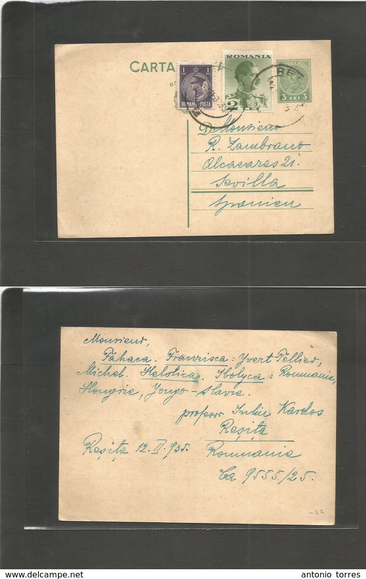 Romania. 1935 (12 Feb) Resita - Spain, Seville. 3 Lei Green Stat Card + 2 Adtls Tied Cds. Scarce Destination. - Autres & Non Classés