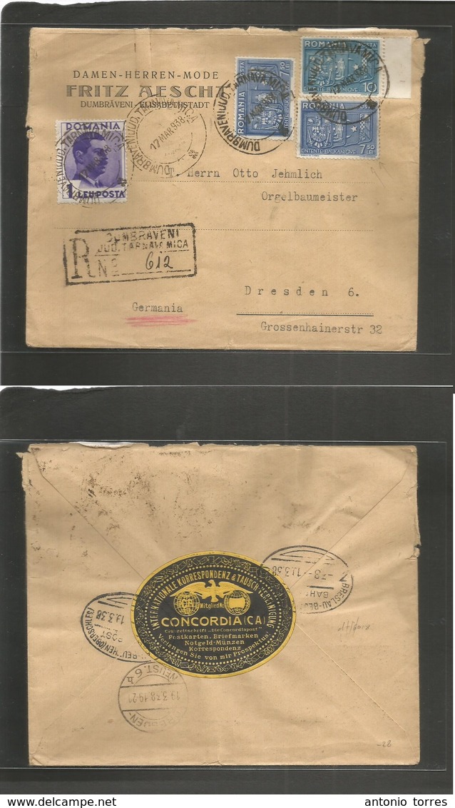 Romania. 1938 (17 March) Dumbraveni - Germany, Dresden (19 March) Registered Multifkd Comm Issue Envelope With Tied Labe - Autres & Non Classés