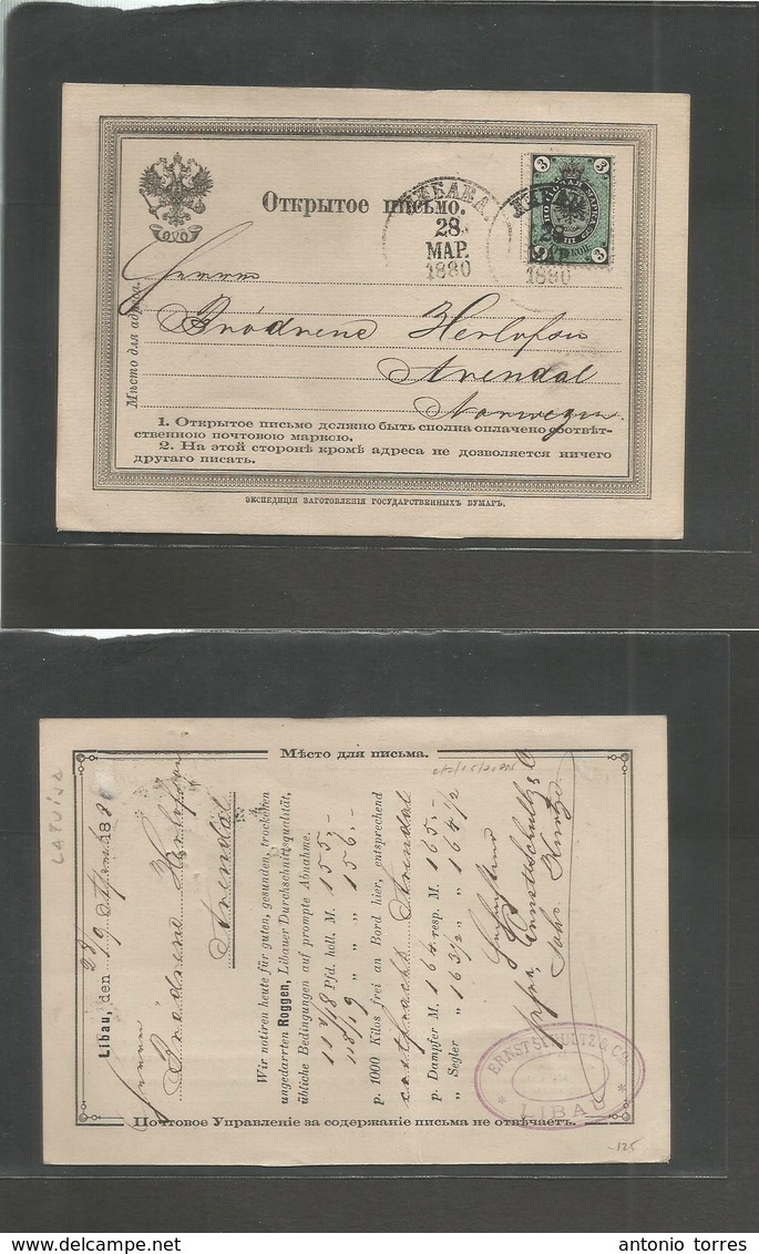 Russia. 1880 (28/9 March) Libau (Latvia - Norway, Arendel. 3 Kop Black Green Fkd Early Card With Private Print. Better D - Autres & Non Classés