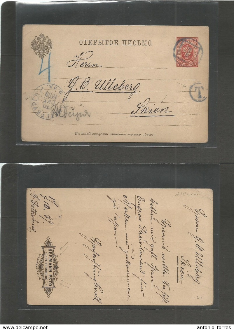 Russia. 1889 (17 Oct) St. Petersburg - Norway, Skien. 3 Kop Red Stat Card, Blue Cachet + Taxed + Mns Charge. Card Has PR - Autres & Non Classés