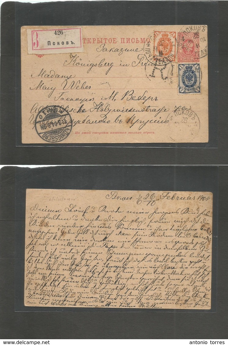 Russia. 1904 (26/10 Feb) Brou - Germany, Konigsberg (11 March) Registered 3 Kop Red Stat Card + 2 Adtls, Cds + R-label.  - Autres & Non Classés