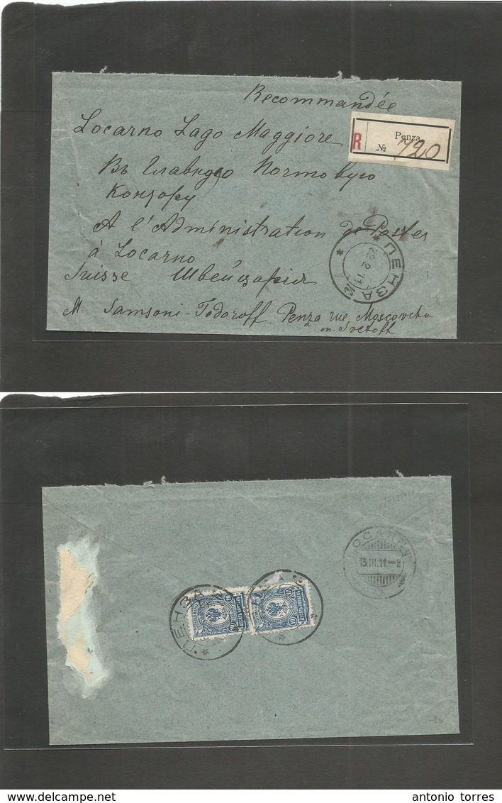 Russia. 1911 (22 Feb) Penza - Switzerland, Locarno (13 March) Reverse Multifkd Registered Envelope R-label. Fine. - Otros & Sin Clasificación
