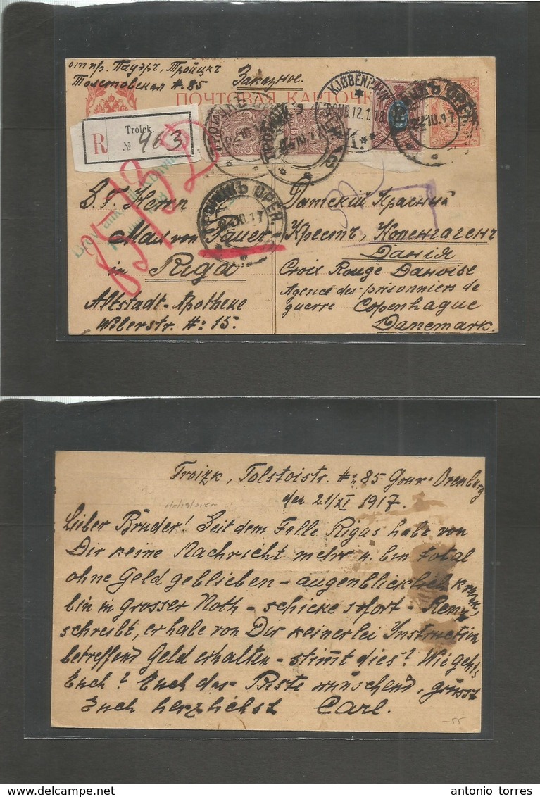 Russia. 1917 (22 Oct) Troick (Latvia, Riga) Denmark, Kopenhaghen (12 Jan 18) Red Cross Mail. Registered 3 P Red Stat Car - Autres & Non Classés