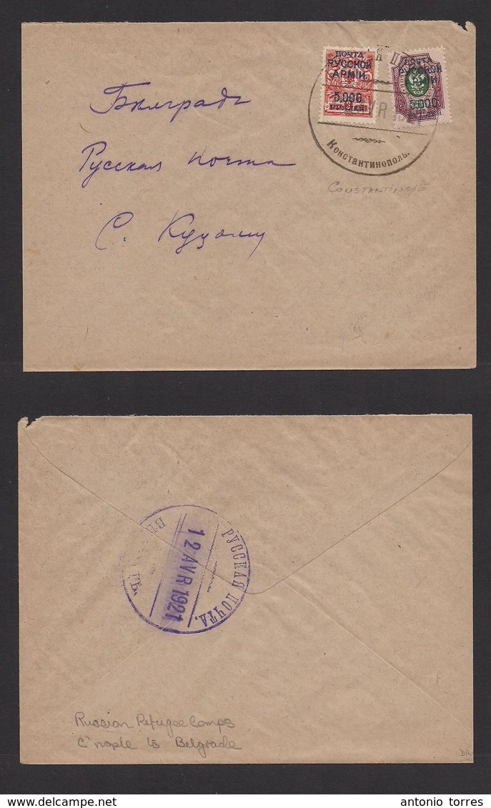 Russia. 1921 (April 3) Wrangel Russian Refugees Port. Constantinople - Belgrade (12 April) Multifkd Ovptd Issue Envelope - Autres & Non Classés