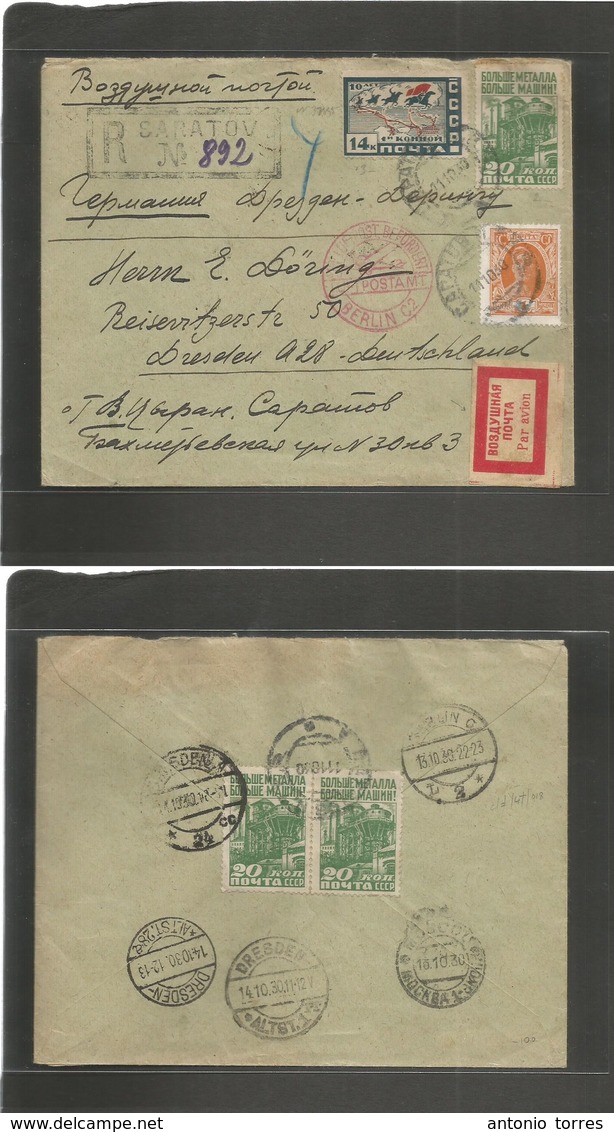 Russia. 1930 (11 Oct) Saratov - Germany, Dresden (14 Oct) Registered Airmail Multifkd Front + Reverse Envelope By German - Autres & Non Classés