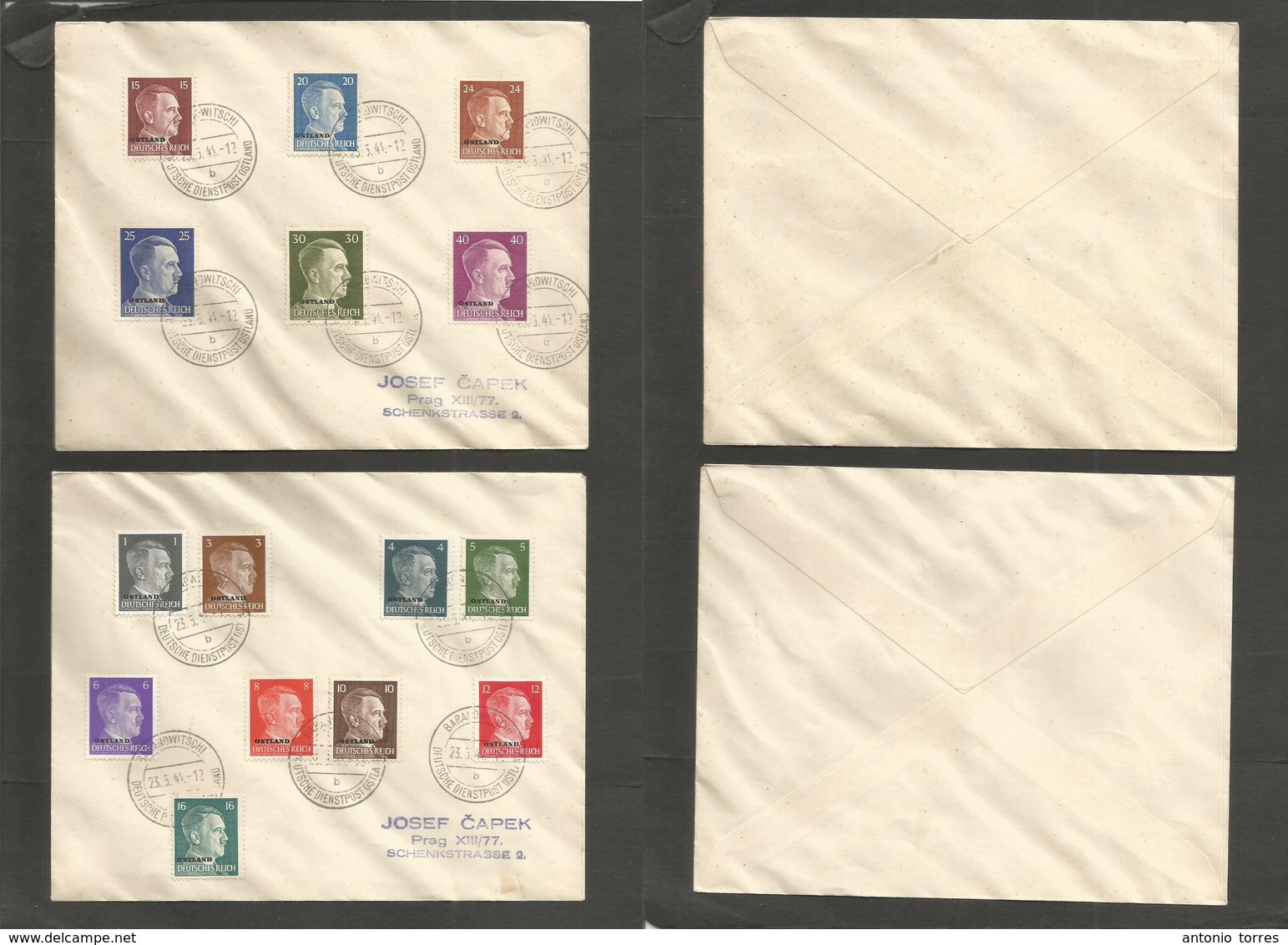Russia. 1941 (23 May) Baranowitschi, Bielorusia - Prague, Czechoslovakia. 2 Multifkd Envelopes, Nazi Ovpted OSTLAND Issu - Sonstige & Ohne Zuordnung