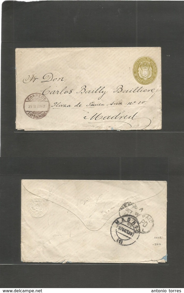 Salvador, El. 1889 (29 Sept) GPO - Spain, Madrid (27 Oct) 11c First Issue Stationary Envelope. Via NY (14 Oct) Very Rare - El Salvador