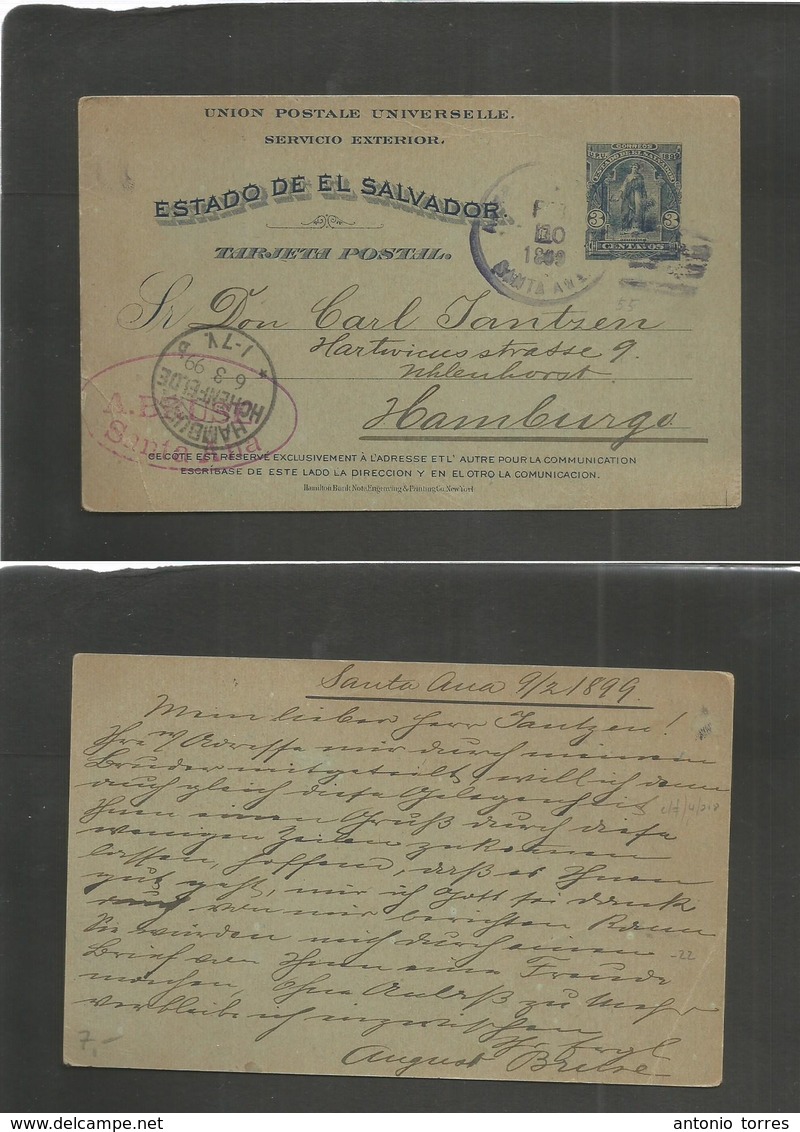 Salvador, El. 1899 (9 Feb) Santa Ana - Germany, Hamburg (6 March) 3c Blue Stat Card. Fine Used + Depart Comercial Oval C - Salvador