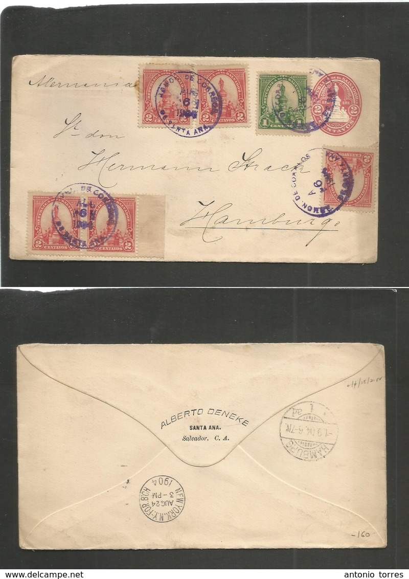 Salvador, El. 1904 (6 Aug) Santa Ana - Germany, Hamburg (1 Sept) Via NYC (24 Aug) Multifkd 2c Red / Cream Stationary Env - El Salvador