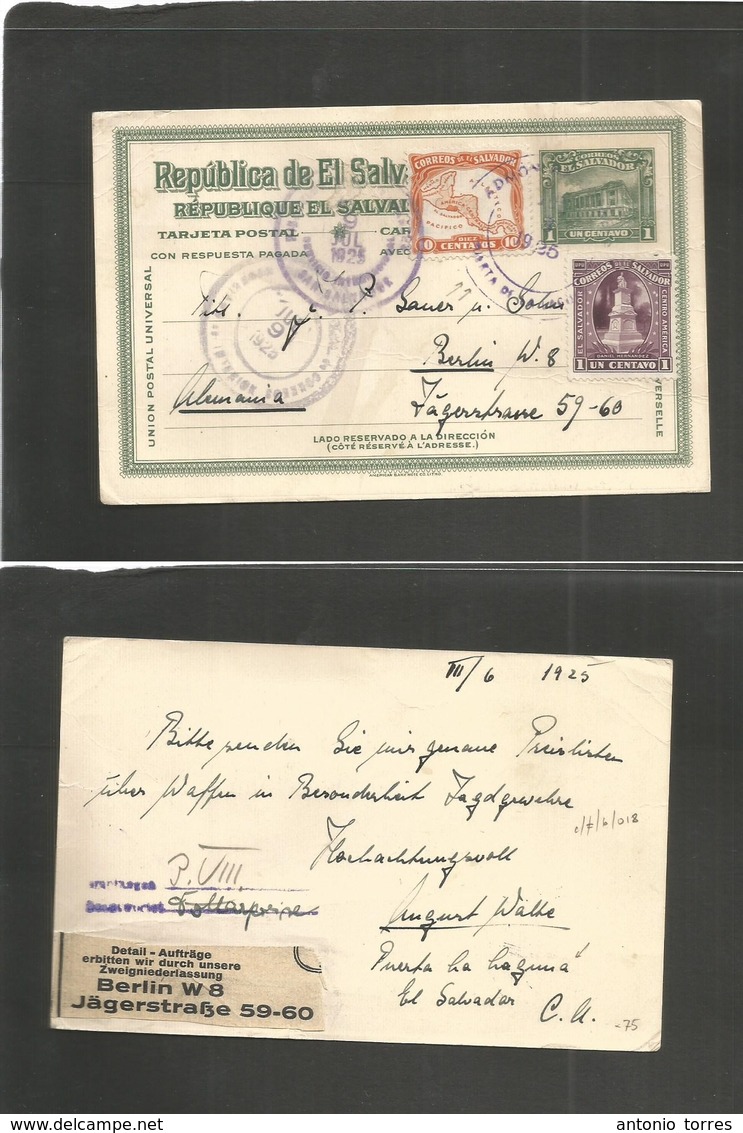 Salvador, El. 1925 (3 June) PUERTA DE LAGUNA - Germany, Berlin. 1c Green Stat Card + 2 Adtls Depart Rare Village Cachet. - El Salvador