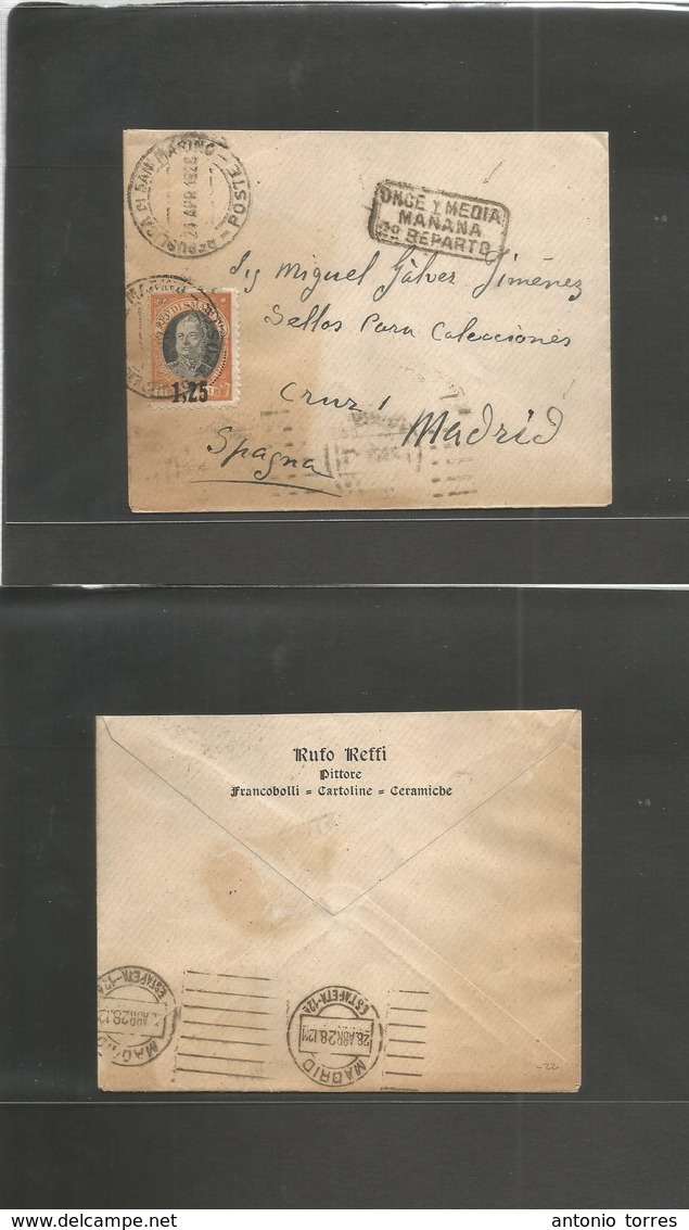 San Marino. 1928 (24 Apr) GPO - SPAIN, Madrid (28 Abr) Fkd Ovptd Envelope With Arrival + Special Postal Box Instruction  - Autres & Non Classés