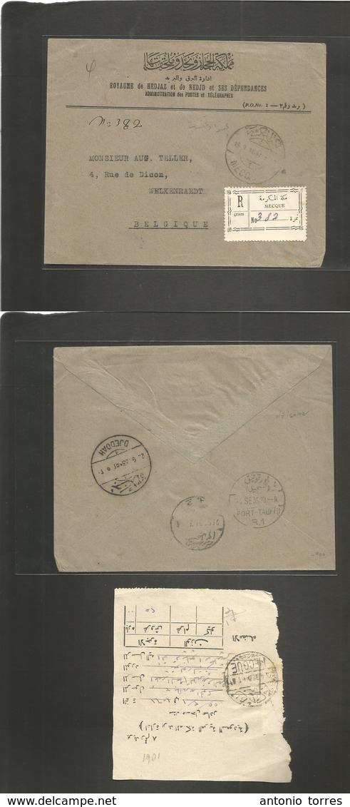 Saudi Arabia. 1933 (19 Sept) Mecca - Belgium, Welkenraedt. Via Djeddah - Port Taufik, Egypt. Official PO Registered Prin - Arabie Saoudite