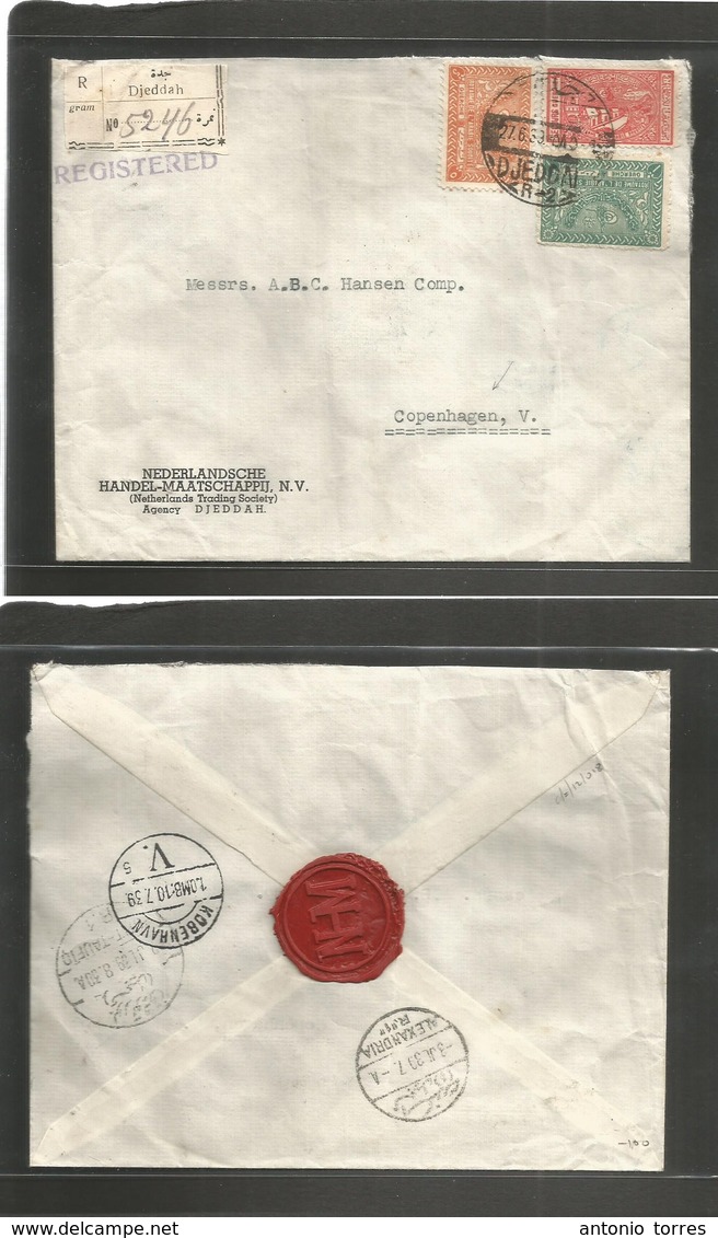 Saudi Arabia. 1939 (27 June) Dyeddah - Denmark, Copenhagen (10 July) Registered Multifkd Envelope Via Alexandria - Port  - Arabie Saoudite