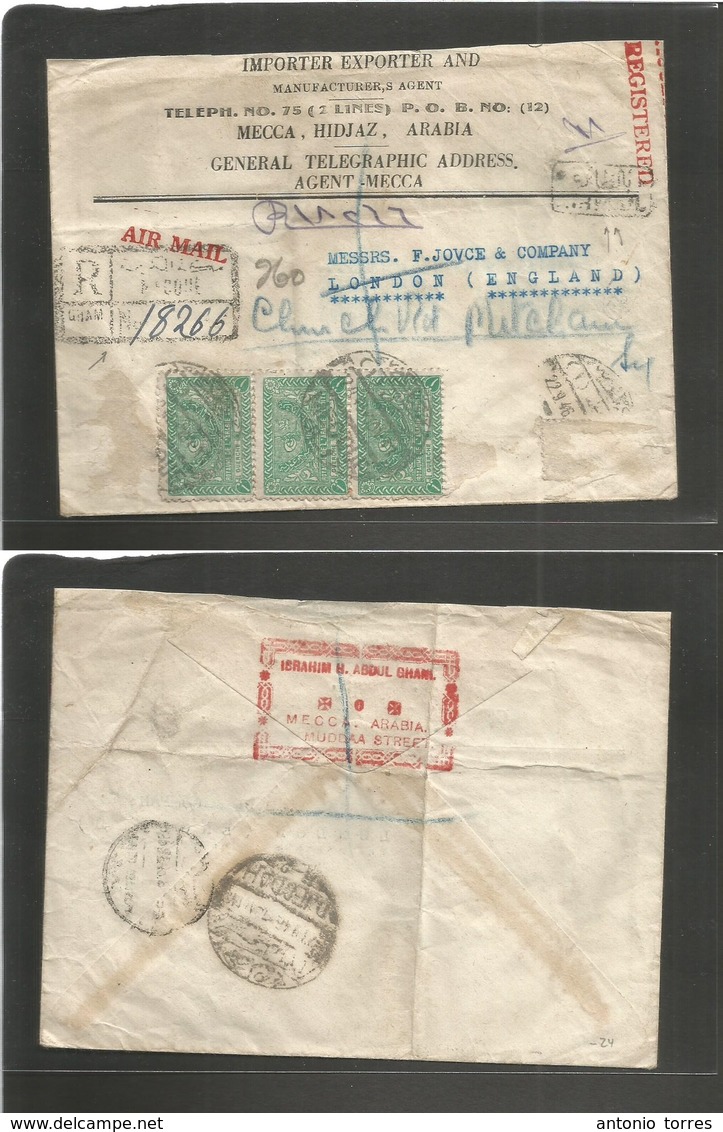 Saudi Arabia. 1946 (22 Sept) Mecca - Uk, London. Registered Multifkd Airmail Envelope. Via Djeddah, Forwarded. Some Stam - Arabie Saoudite