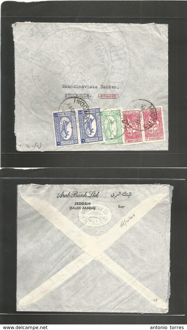 Saudi Arabia. 1956 (18 Jan) Dyeddah - Sweden, Stockholm. Air Multifkd Envelope With Unusual Combination Of Stamps Values - Arabia Saudita